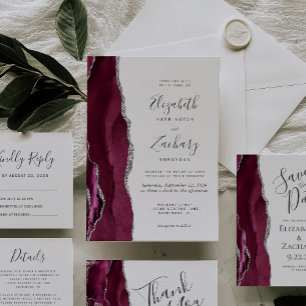 Modern Burgundy Silver Agate Wedding RSVP Card