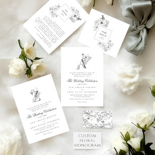 Beautiful Floral Monogram Classic Elegant Wedding All In One Invitation