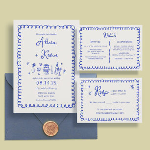 Hand Drawn Ribbon French Blue Wedding RSVP Cards