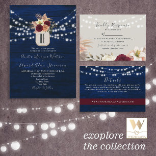 Rustic Wood String Lights Floral Wedding QR Code Invitation
