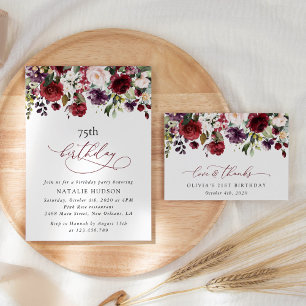 Burgundy Flowers, Pink Flowers, Boho, Birthday Invitation