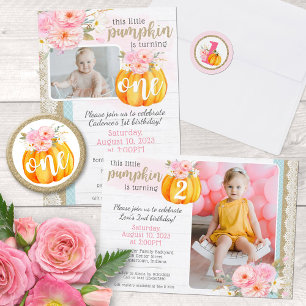 Fall Floral Pumpkin Baby Girl's 1st Birthday ONE Classic Round Sticker