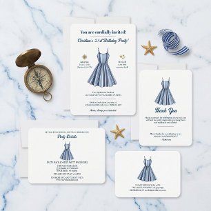 Nautical Blue And White Striped Dress Birthday    Invitation
