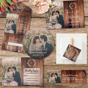 Rustic leaves wood monogram wedding cancellation invitation