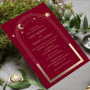 Mystical Burgundy Sun Star Moon Astronomy Space Invitation