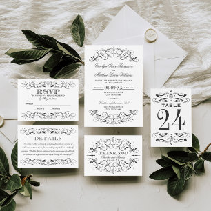 Vintage Black Flourish White Wedding Invitation