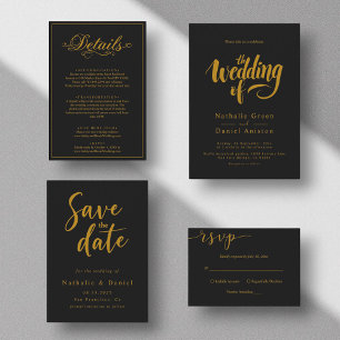 Delicate Black and Gold Script Simple Wedding RSVP Card