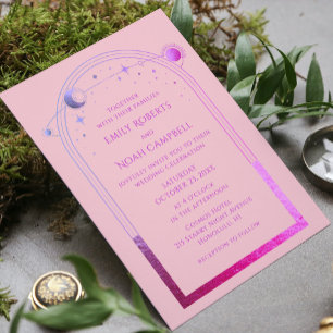 Mystical Chic Pink Purple Star Moon Photo Space Invitation