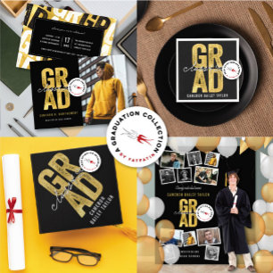 2024 Gold GRAD Graduation Party 11 Photo Backdrop Tapestry