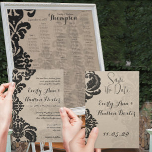 Rustic Vintage Black Damask Wedding Save the Date Invitation