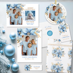  Icy Blue Gold Poinsettia Flower Christmas Tree Ceramic Tree Decoration
