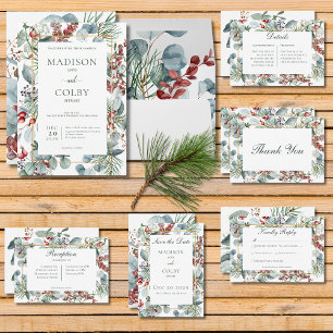 Winter Christmas Greenery White Wedding Invitation
