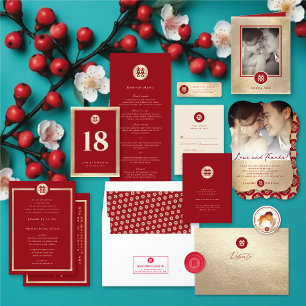 Red Double Happiness Chinese Wedding Address Label