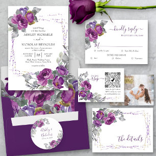 Photo Online RSVP QR Code Purple Wedding Floral Enclosure Card