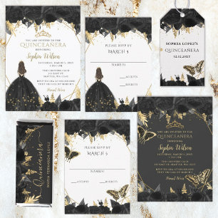 Elegant Black Gold Floral Princess Quinceanera RSVP Card