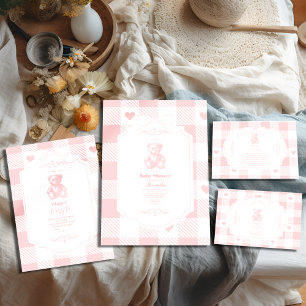 Heart Bow Gingham French Teddy Bear Baby Shower Invitation