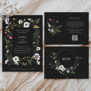 Dark Botanical Wildflowers Wedding Details QR Code Enclosure Card