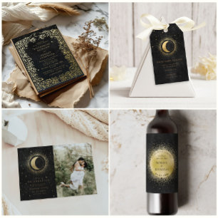 Celestial Midnight Black Gold Stars Wedding  Invitation