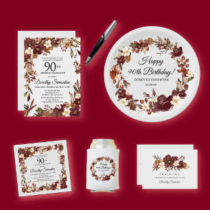 Burgundy Mauve White Fall Flower 90th Birthday Napkin