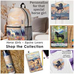 Horse Girl Personalised Black Wild Stallion Floral T-Shirt