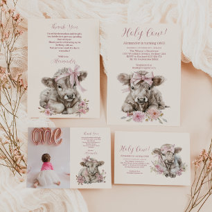 Photo Pink Girl Floral Highland Cow 1st Birthday Thank You Card