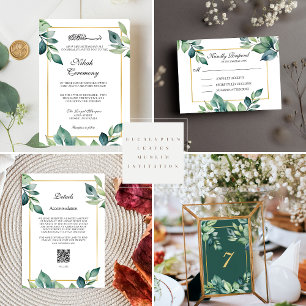 Modern Eucalyptus leaves QR code Muslim Wedding  Invitation