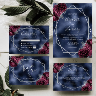 Burgundy Silver Floral Geometric Navy Foil RSVP Card