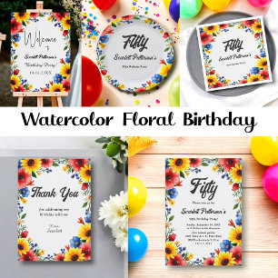Boho Watercolor Floral Garden Summer 50th Birthday Invitation