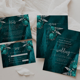 Teal Blue Silver Floral Agate Script Wedding RSVP Enclosure Card