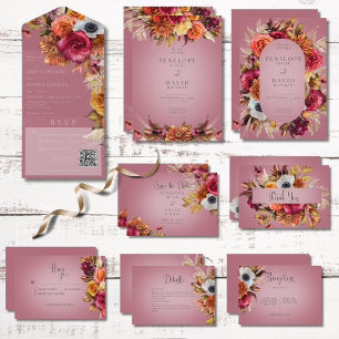 Vintage Floral Jewel Fuchsia Wedding Invitation