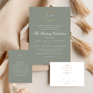 classic sage green elegant gold monogram wedding RSVP card