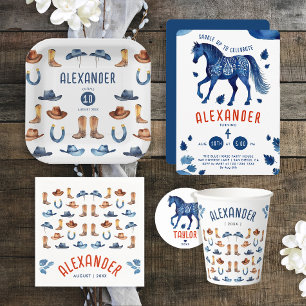 Cute Blue Red Rodeo Horse Cowboy Watercolor Name Napkin