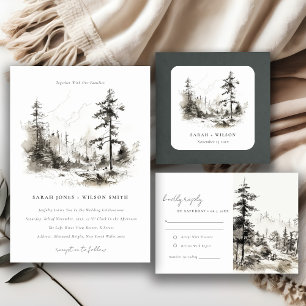 Pine Woods Mountain Landscape Sketch Wedding Invitation