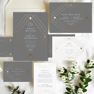 Gold Diamond Grey Geometric Deco Gatsby Wedding Enclosure Card