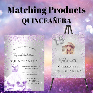 Quinceanera silver purple dress glitter glam invitation
