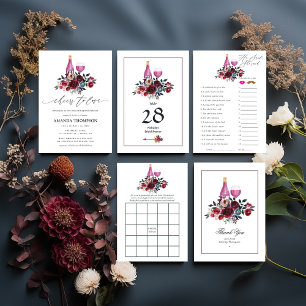 Boho Burgundy and Navy Wine Tasting Bridal Bingo Invitation