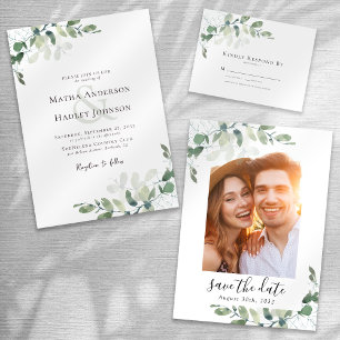 Elegant Watercolor Eucalyptus PHOTO Wedding Save The Date