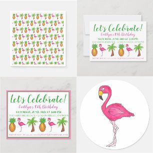 Celebrate Birthday Flamingo Palm Tree Pineapple Invitation