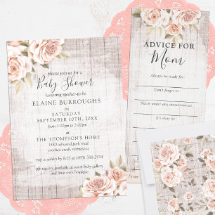 Rustic Wood & Shabby Chic Roses Floral Baby Shower Invitation