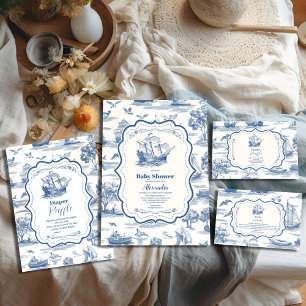 Navy Blue Toile Nautical Baby Shower Invitation