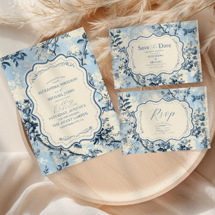 Elegant Blue Toile De Jouy  Wedding Invitation