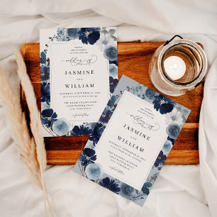 Blue & Navy Floral on Grey Wedding Invitation