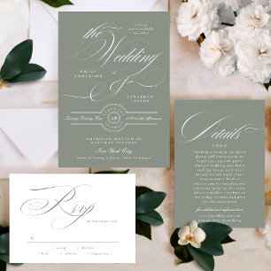 Formal Elegant Calligraphy Grey Green Wedding Invitation