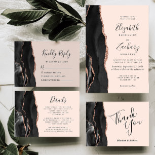 Modern Black Rose Gold Agate Blush Wedding Details Enclosure Card