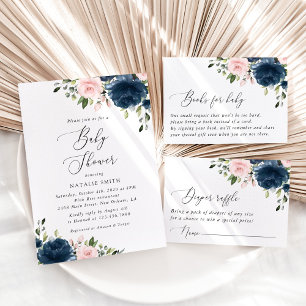 Navy Blue Flowers, Pink Flowers, Baby Shower Invitation