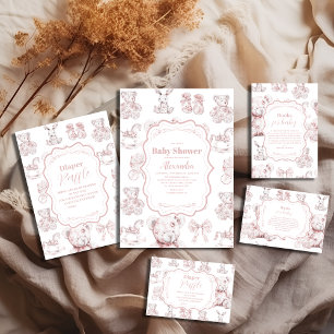 Pink Toys Toile De Jouy Baby Shower Invitation