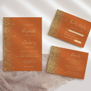 Modern Burnt Orange Gold Faux Glitter Edge Wedding Invitation
