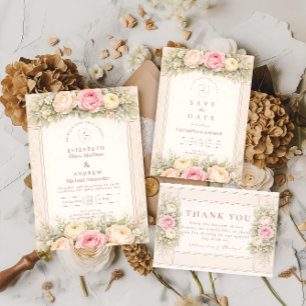 Blush Ranunculus Rose Garden Wedding RSVP Card