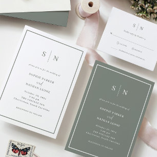 Minimal and Chic   Sage Green with Border Wedding Invitation
