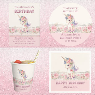 Cute Pink Flowers Girl Unicorn Birthday Paper Cups